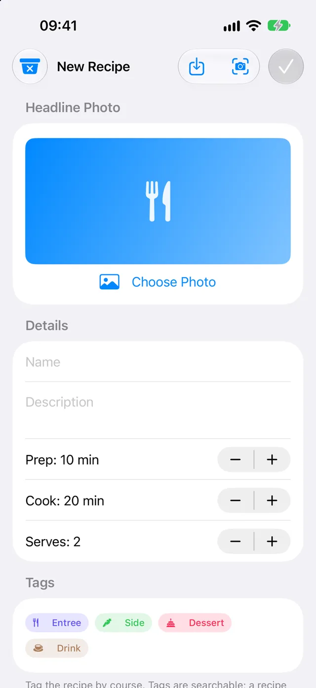 The New Recipe form with a headline photo, name, prep and cook times, servings and course tags, plus import and scan buttons.