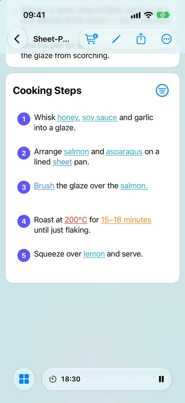 A salmon recipe's cooking steps, with ingredients highlighted and a timer running at the bottom.