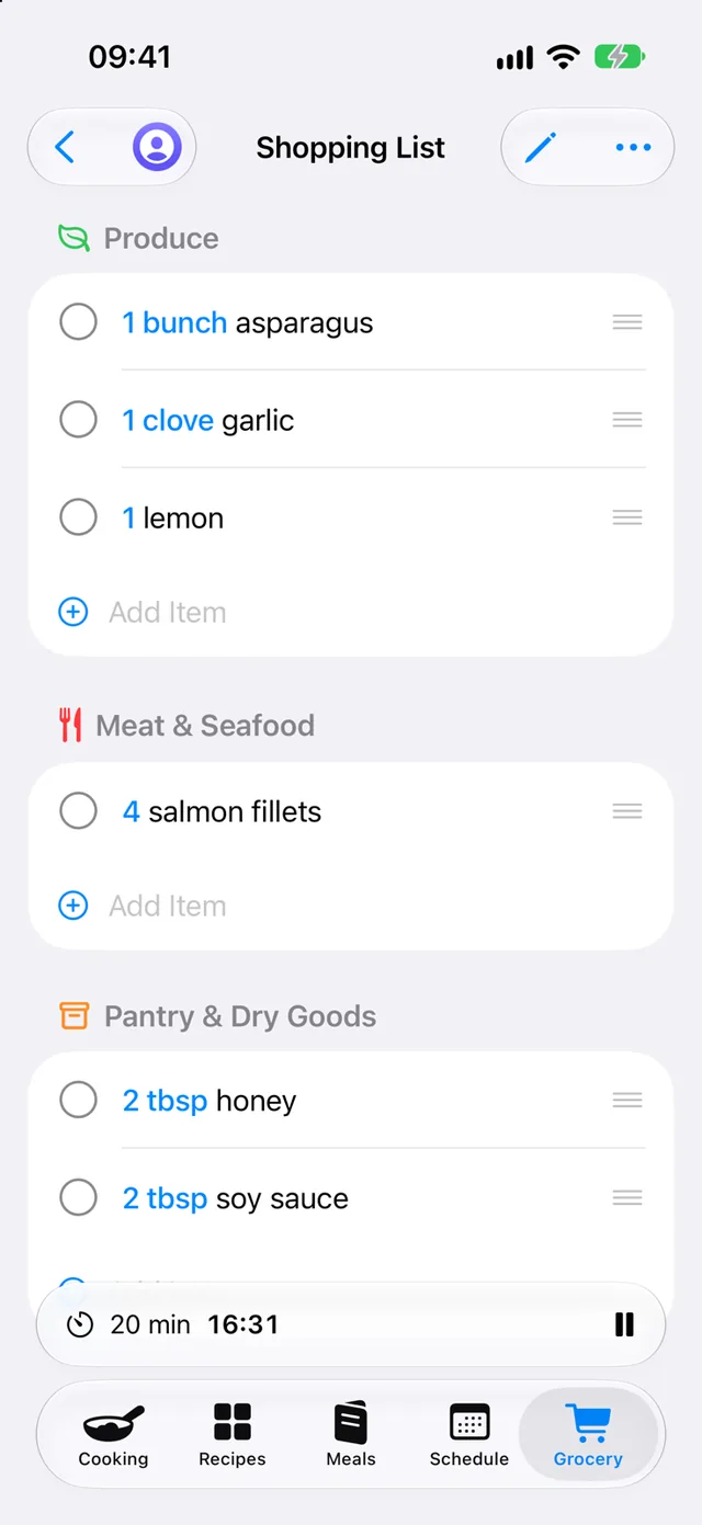 A grocery list for the salmon recipe, grouped into Produce, Meat & Seafood, and Pantry & Dry Goods.