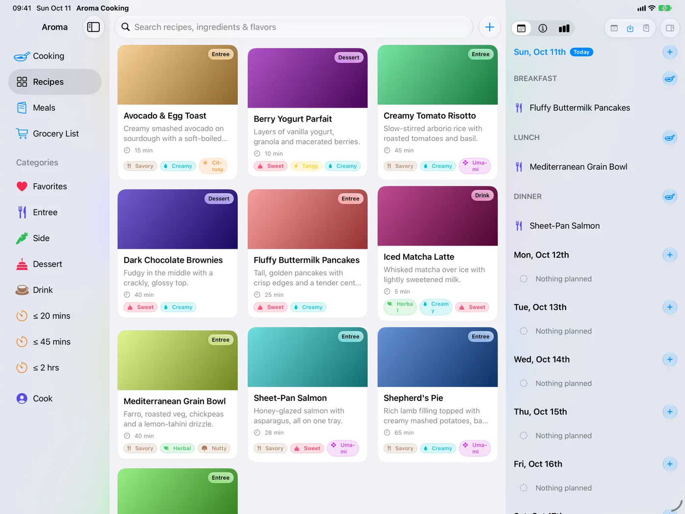 Aroma on iPad with the category sidebar, a grid of recipe cards and the week's schedule side by side.