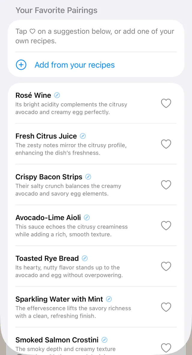 On-device pairing ideas for avocado toast, such as fresh citrus juice and toasted rye bread, each with a short reason.