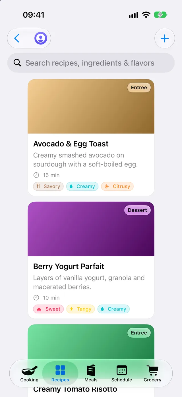 Aroma on iPhone showing the recipe collection as cards, each tagged by course and flavor.