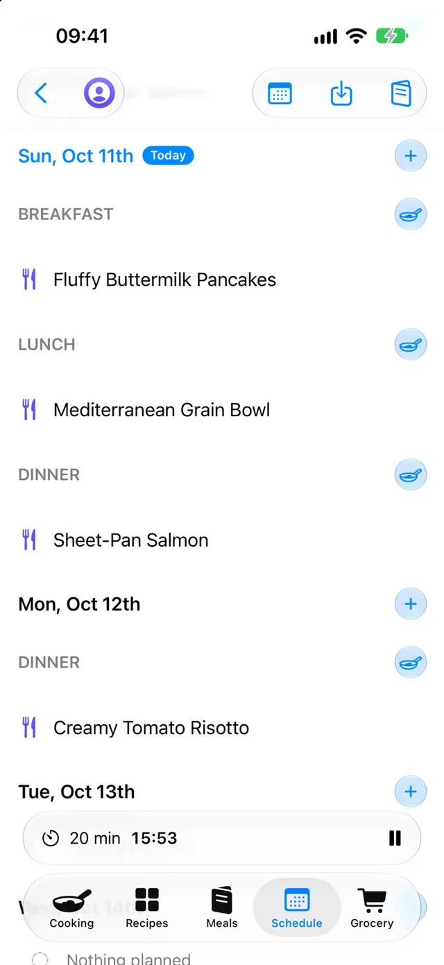 The meal schedule with breakfast, lunch and dinner planned for today and dinner planned tomorrow.