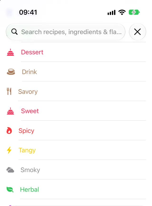 The search bar suggesting course and flavor filters such as Dessert, Savory, Spicy and Herbal, each in its own color.